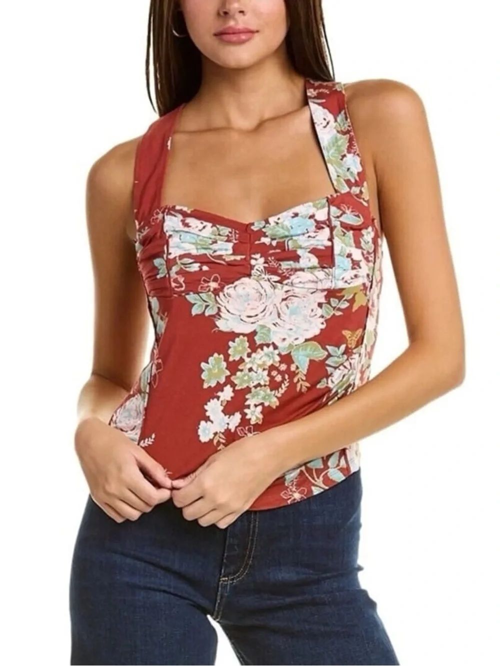 Free People Ginger Snap Brown Cinnamon Combo Floral Crossback Top Sz S Bohemian
